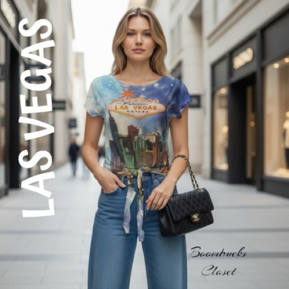 Las Vegas Graphic sequin sparkly Blue Short Sleeve Tee Tie front Small
